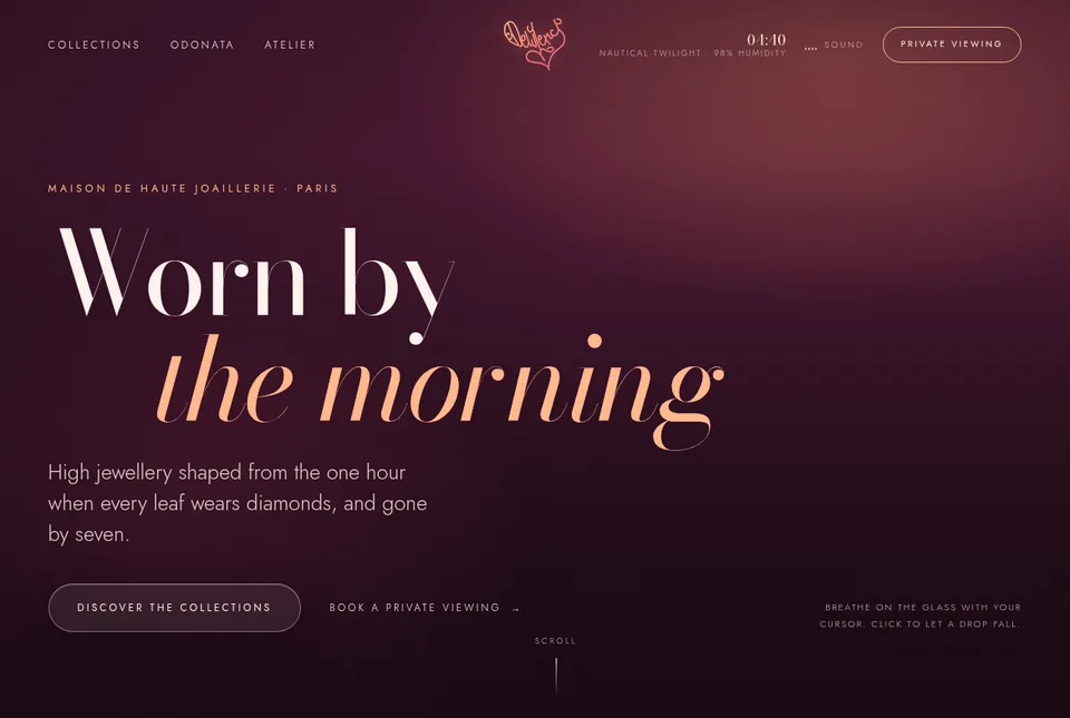 Dewlery concept site: deep plum background with the headline 'Worn by the morning' in fine serif type