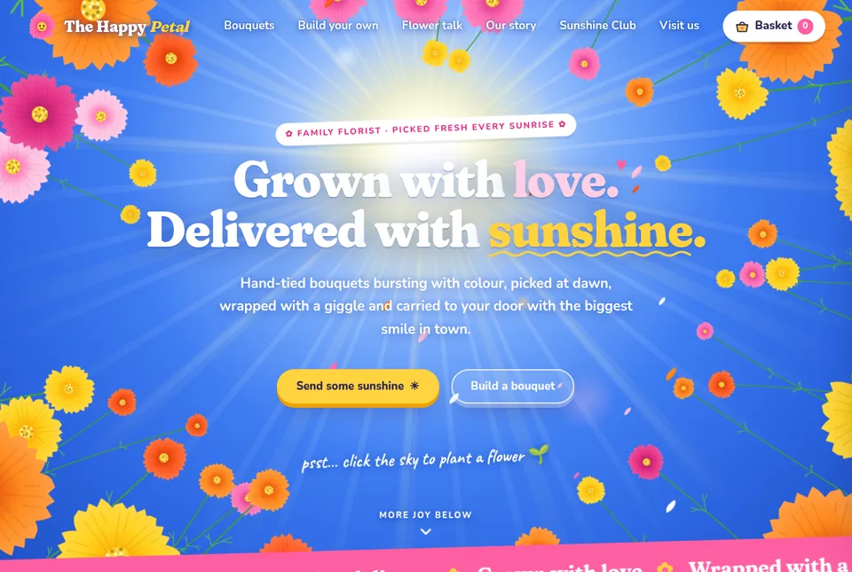 The Happy Petal concept site: a bright blue sky full of cartoon flowers and the headline 'Grown with love. Delivered with sunshine.'